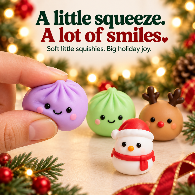 Styled product illustration of a hand squeezing a lavender squishy with Christmas character toys