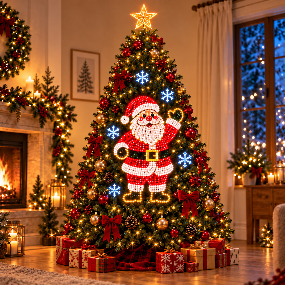 Santa and snowflake Christmas lights displayed on a decorated tree in a warm living room