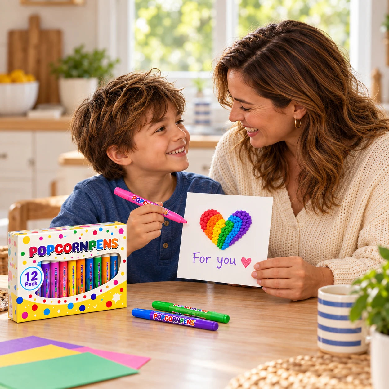 A child showing his mother a colorful handmade card