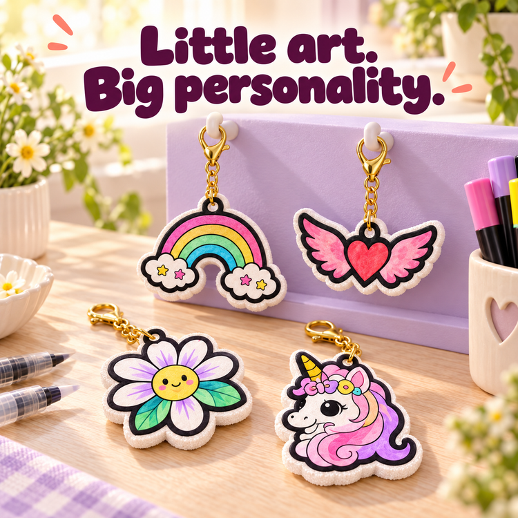 Illustrative display of finished colored art charms